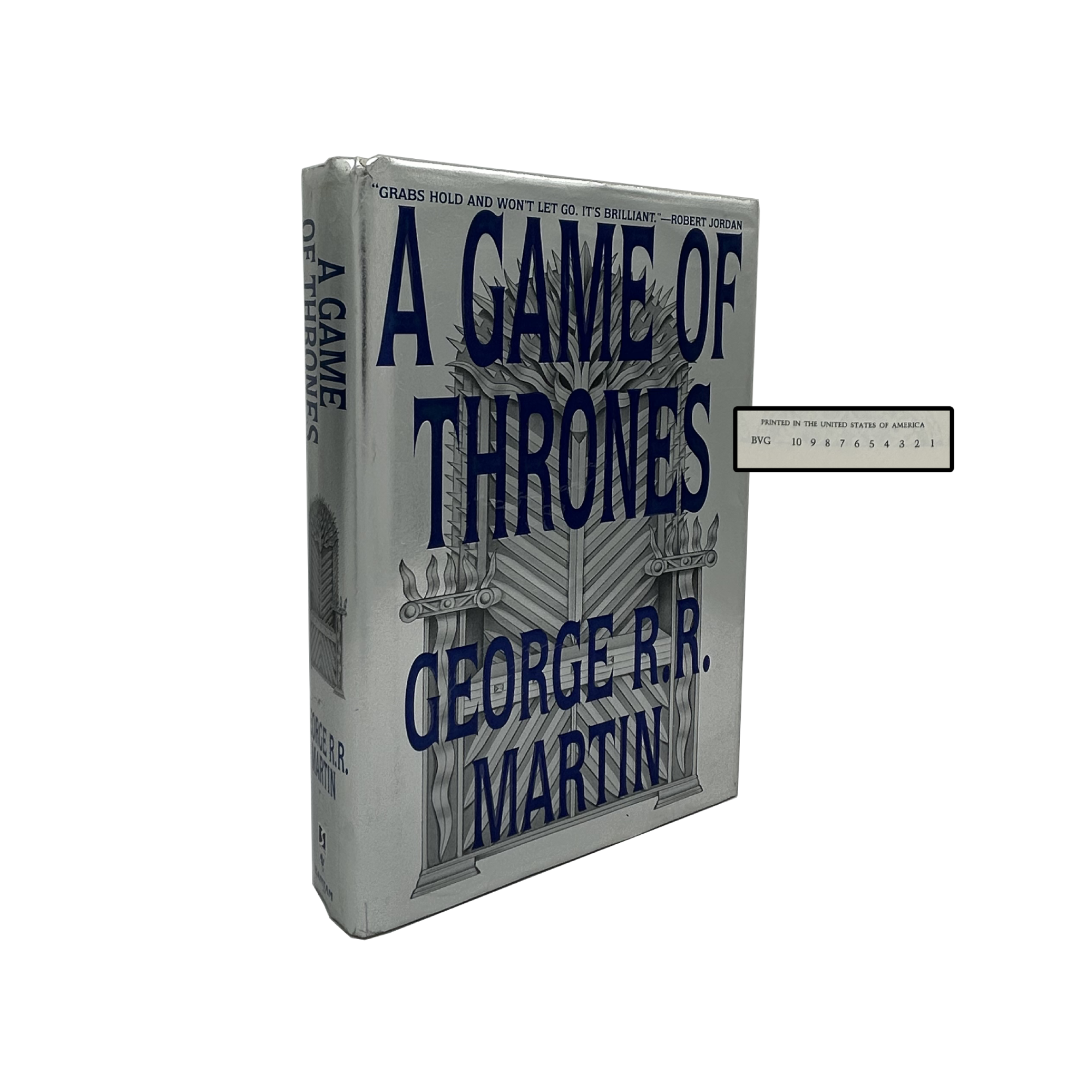 Book titled 'A Game of Thrones' by George R.R. Martin on a white background