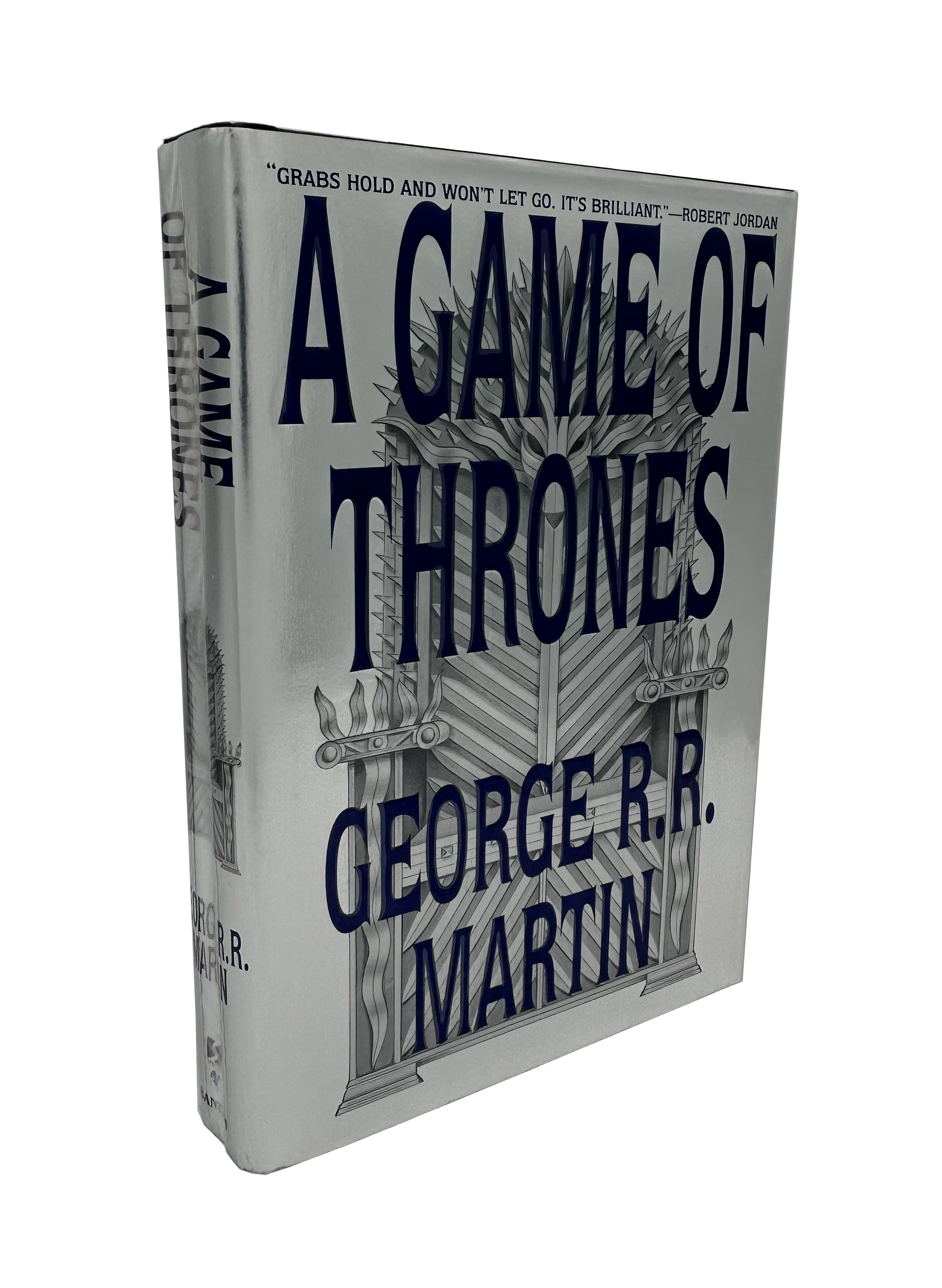 Book titled 'A Game of Thrones' by George R.R. Martin on a white background