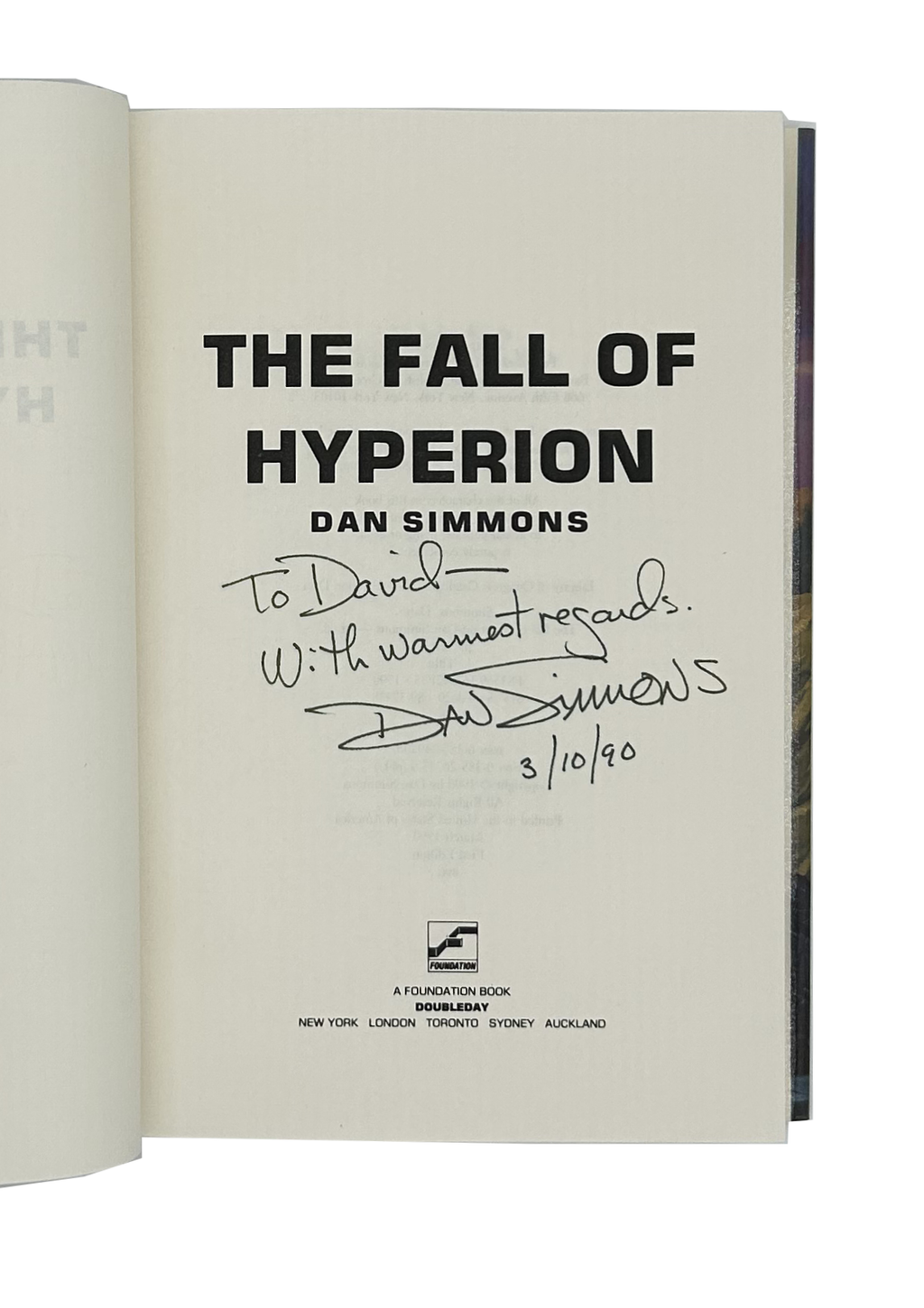 Signed copy of 'The Fall of Hyperion' by Dan Simmons on a white background