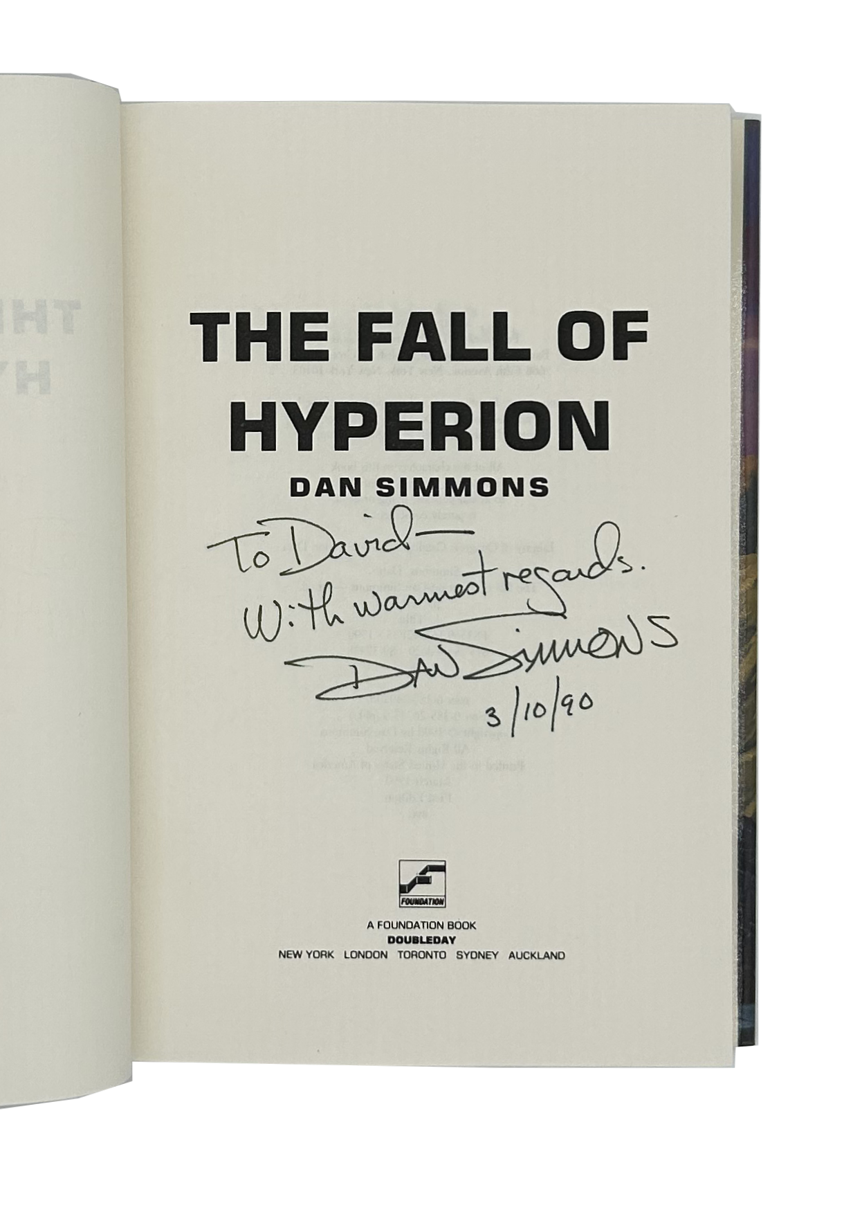 Signed copy of 'The Fall of Hyperion' by Dan Simmons on a white background