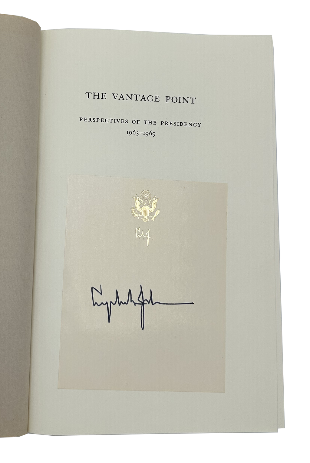 Book titled 'The Vantage Point: Perspectives of the Presidency 1963-1969' with a signature on a white background